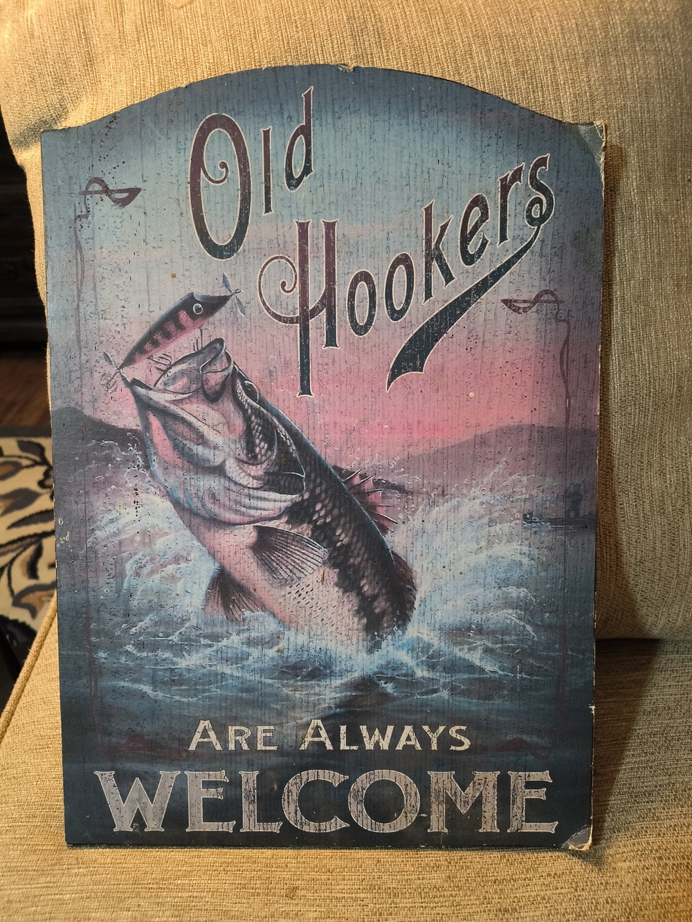 Old Hookers Welcome Wall Art Sign - Blue Pink Nautical Fish Decor